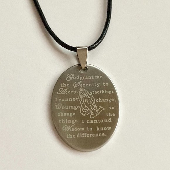 Serenity Prayer Necklace Stainless Steel Pendant Praying Hands Black Cord 18" - Picture 5 of 11